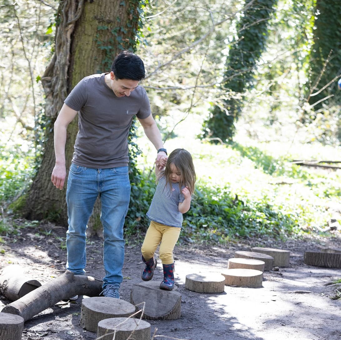 A dad holding his young daughter's hand while she plays on tree stumps