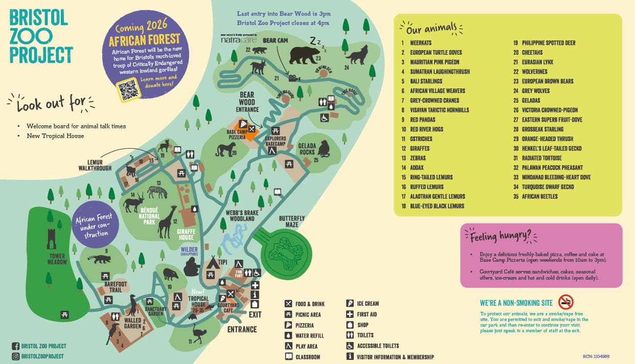 Illustrated map of Bristol Zoo Project, highlighting animal areas, facilities, and attractions with icons and text labels.