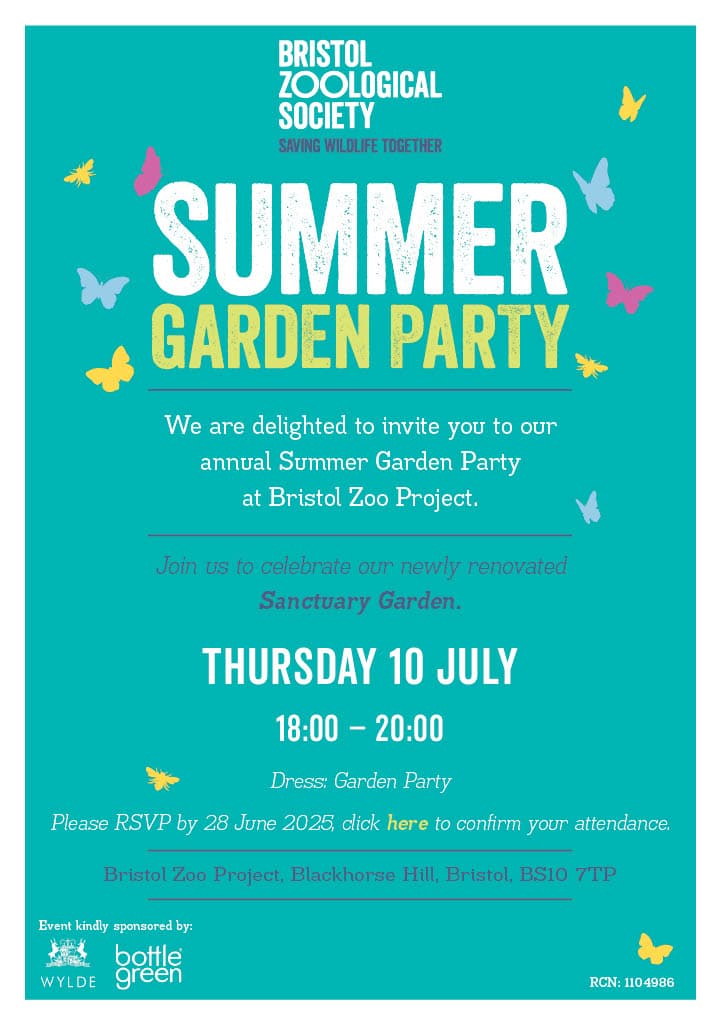 An invitation to a Summer Garden Party at Bristol Zoo Project on Thursday 10 July