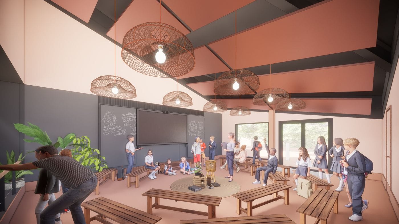 A CGI of the Gorilla Learning Space, showing a classroom setup with benches and a blackboard
