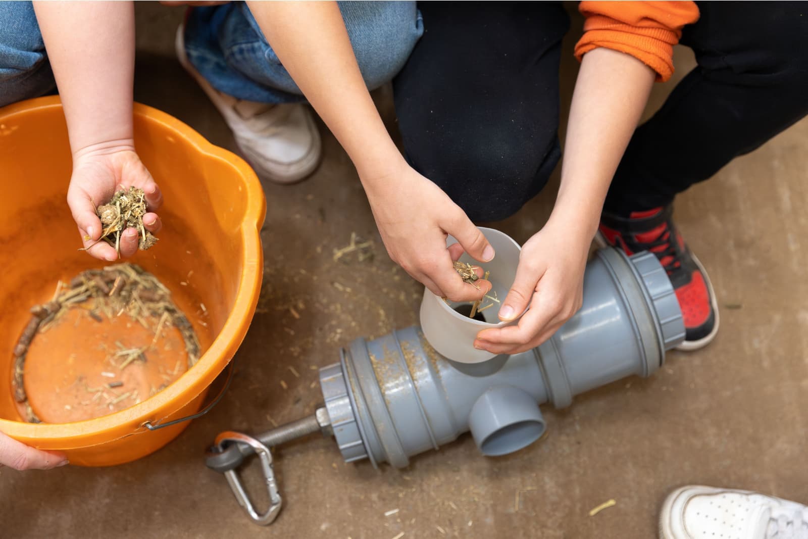 Children's hands placing hay into a plastic pipe fitting beside an orange bucket of bedding on a floor.
