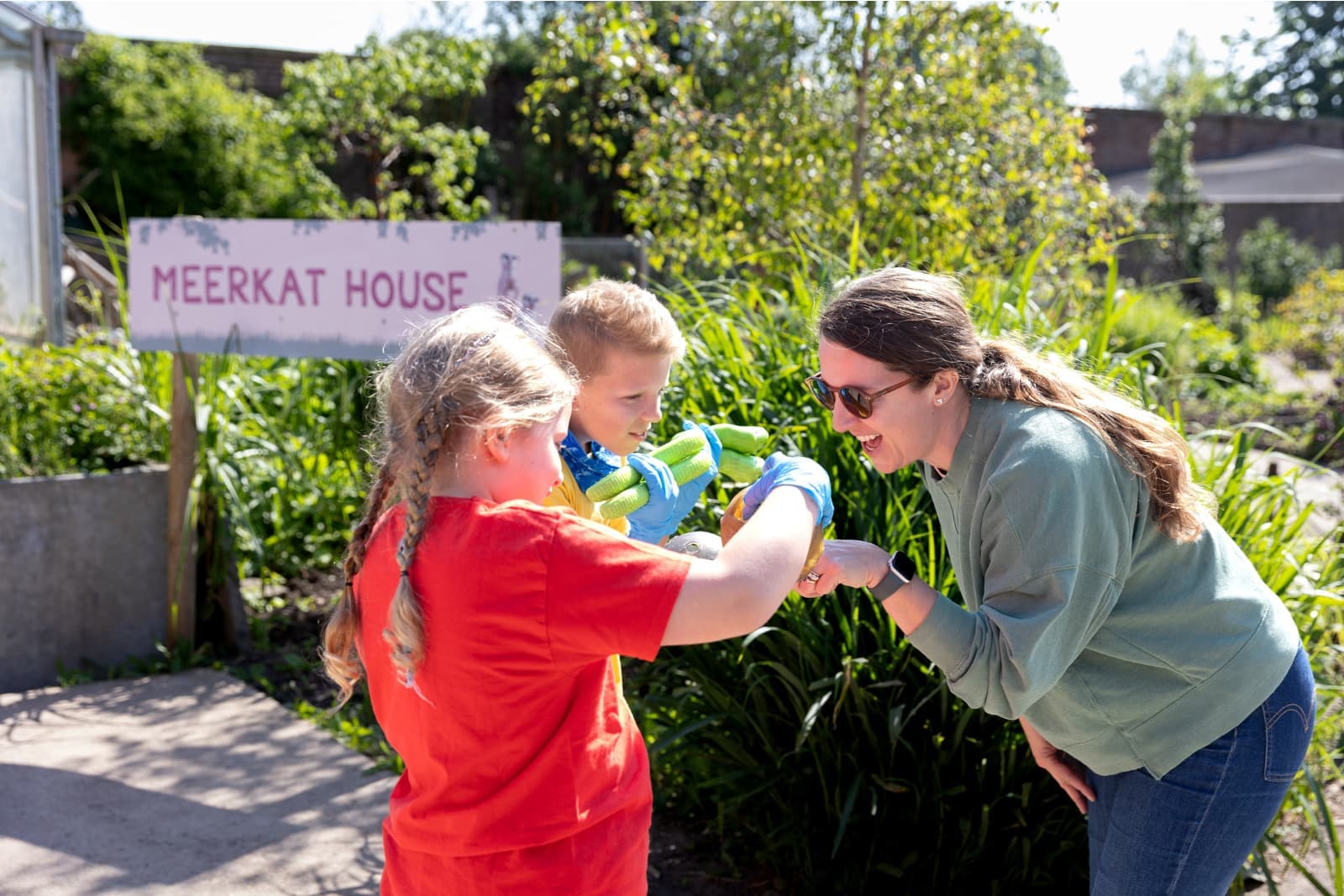 Smiling woman and two children wearing gloves examine a small green object together outside a "Meerkat House" exhibit.