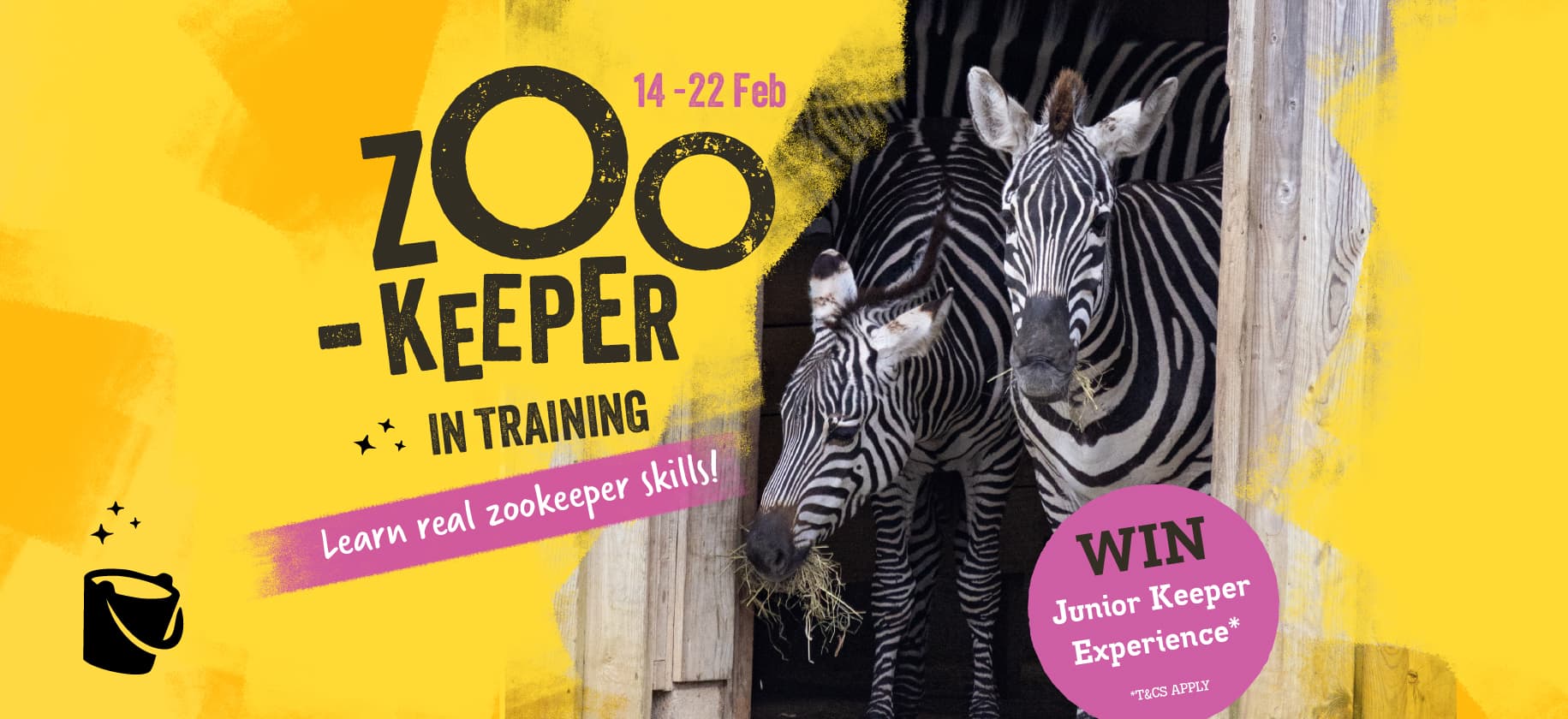 Bright yellow poster showing two zebras at a stable doorway and "Zoo-keeper in Training" event text.